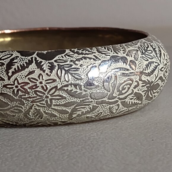 Vintage Engraved Design 8 Inch Metal Flower Bangle - Picture 1 of 7